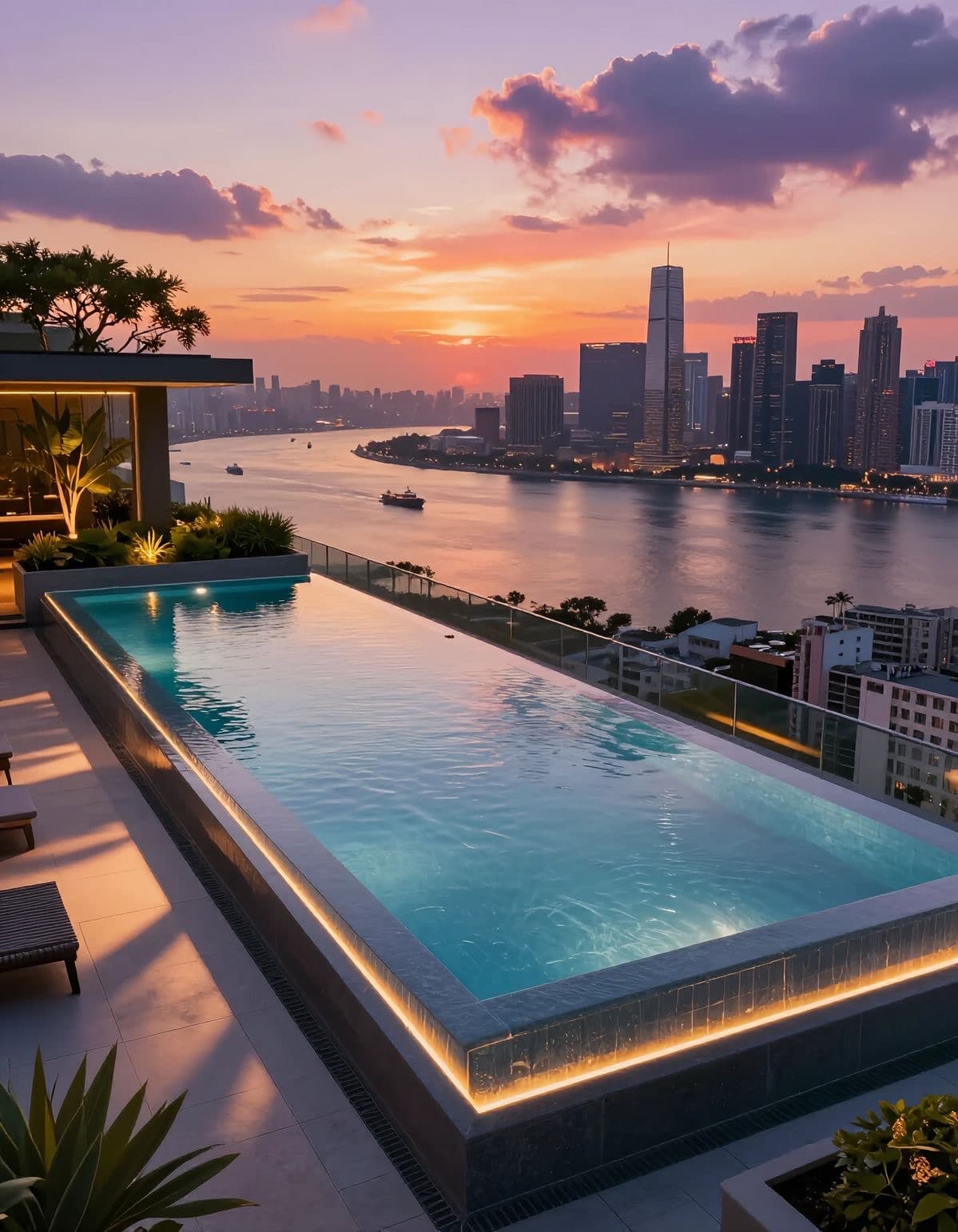 Infinity pool overlooking city skyline at dusk